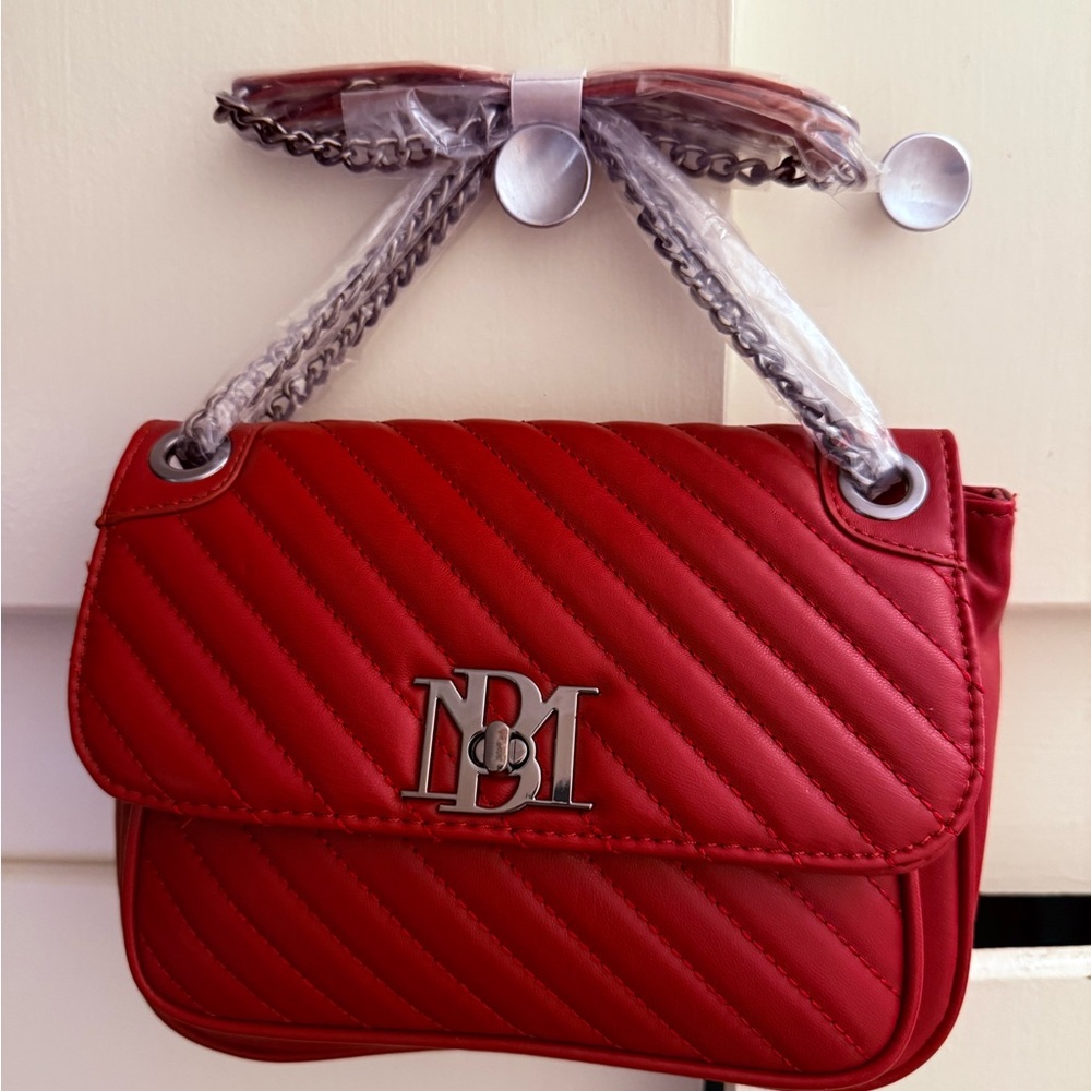 Badgley Mischka Purse Quilted Vegan Crossbody Brick Red & Gray Metal Accents